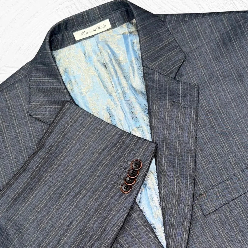 Sartoria Tosi 42R Hand Made Italy Super 150s/Silk Blazer Gray Blue Pinstripe